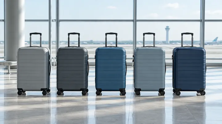 Rij lichtgewicht handbagagekoffers in een vertrekhal