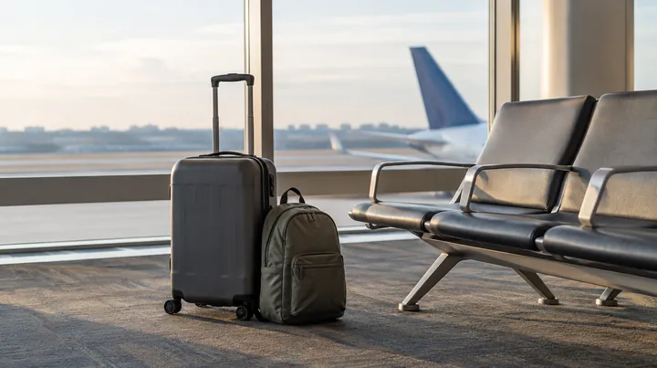 Handbagagekoffer en rugzak samen bij de gate